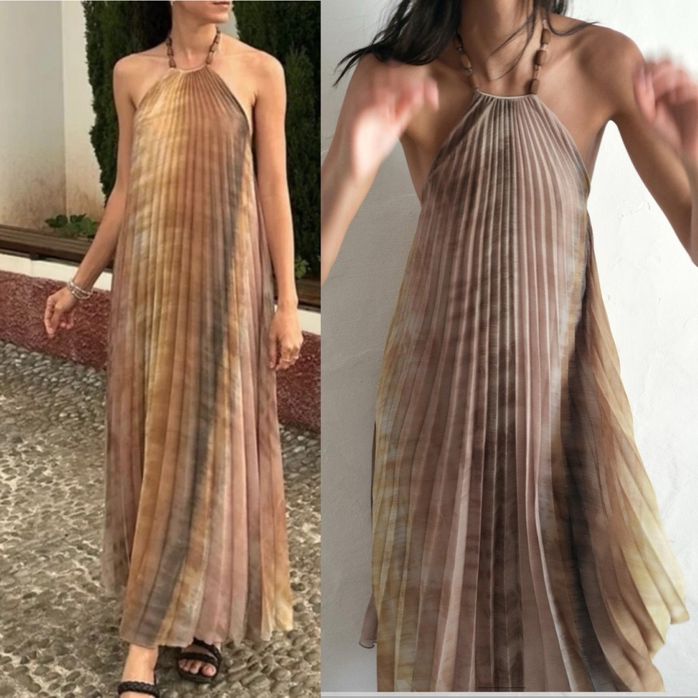 Tie dye halter pleated multicolored midi dress with beaded neck strap - Picture 1 of 11